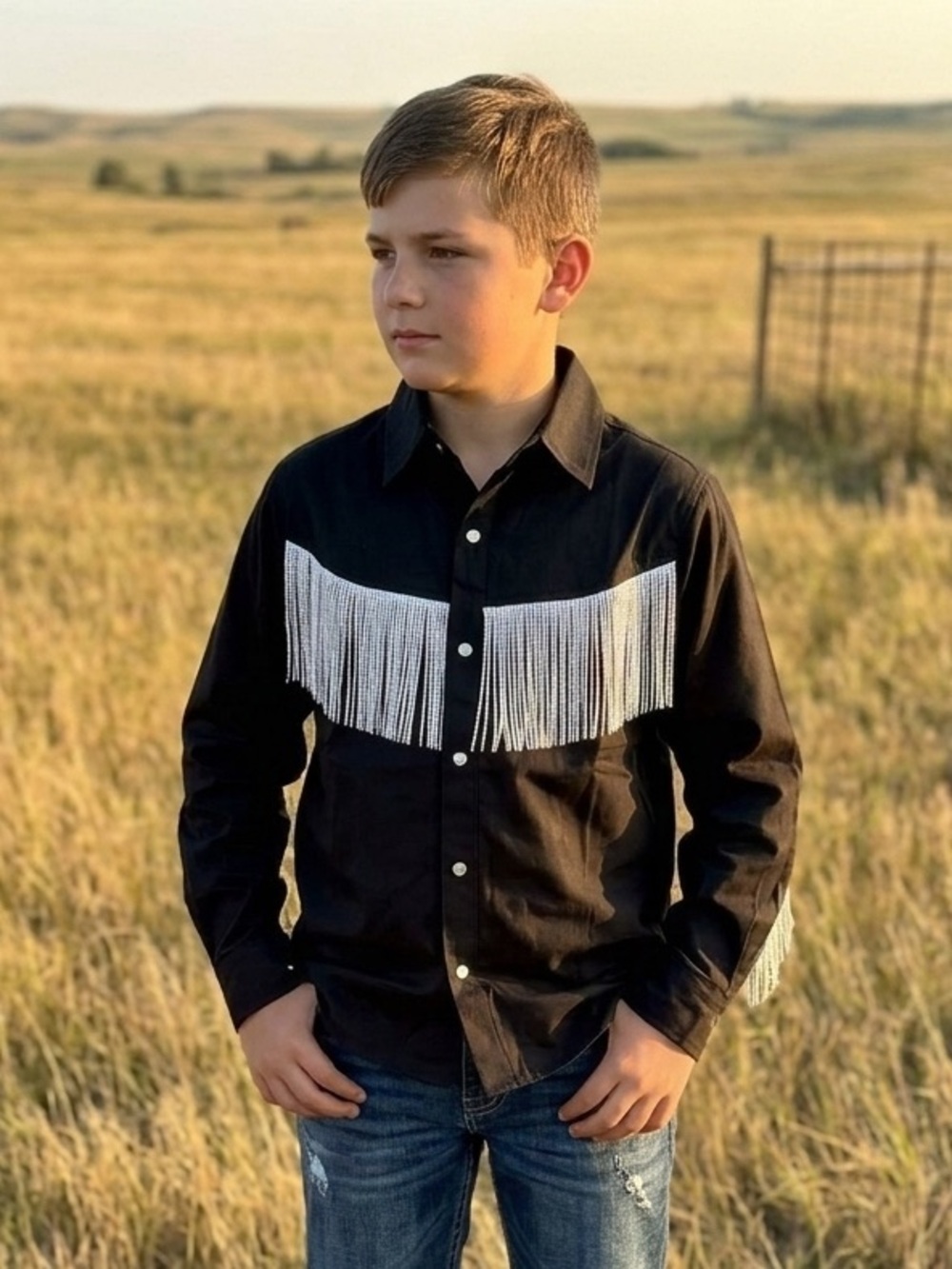 Spring & Gege Boys Black Fringe Western Snap-Down Shirt Size XXL
